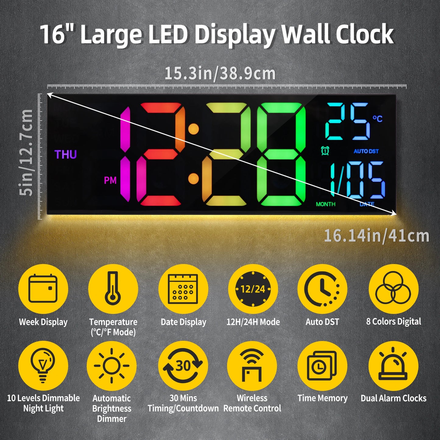 16" Digital Wall Clock Large Display with Remote Control, Date, Indoor Temp.