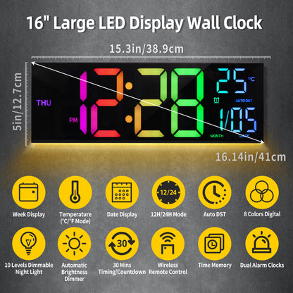 16" Digital Wall Clock Large Display with Remote Control, Date, Indoor Temp.